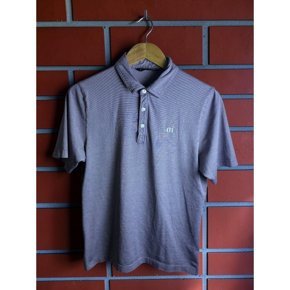 TravisMathew Golf Polo Men's Small Purple Gray Striped Performance Shirt
